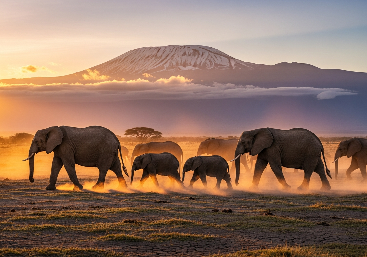 Elephants and Mount Kilimanjaro