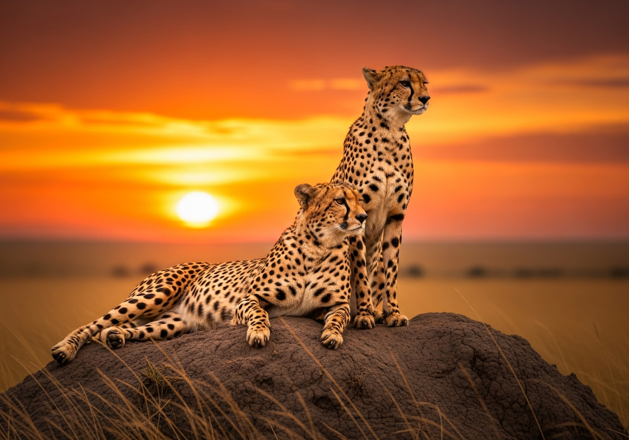 Two cheetahs at sunset